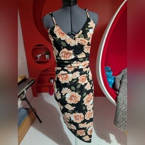 BCBGMaxAzria Black and Peach Floral Midi Dress